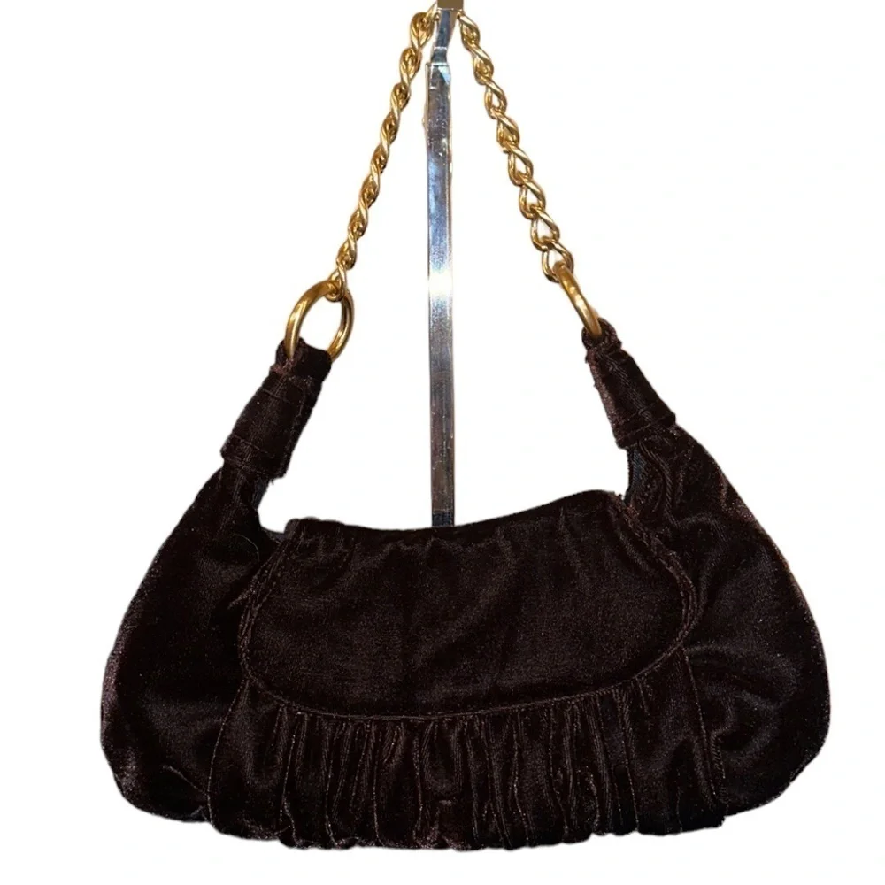 Ann Taylor LOFT dark chocolate Brown velvet east west bag gold chain handle